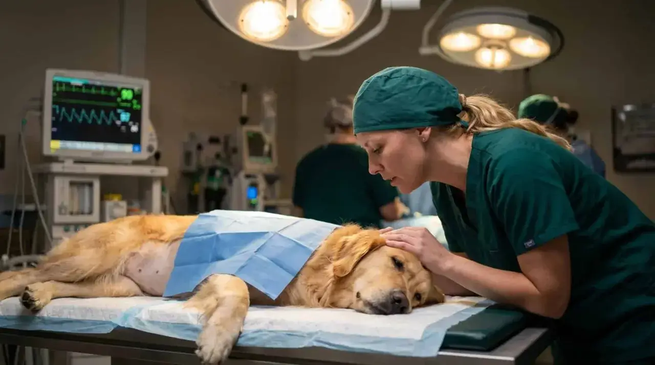 Veterin&auml;r tr&ouml;star hund p&aring; operationsbordet, kanske efter att ha diskuterat nackdelar med kastrering av hanhund.