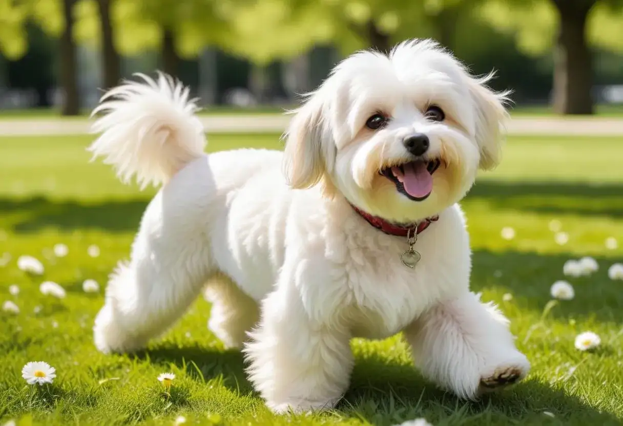 Glad bichon havanais springer i gräset. En nackdel kan vara att de kräver mycket pälsvård, men denna lilla hund verkar inte bry sig.