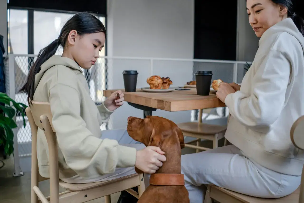 En flicka matar sin valp p&aring; 3 m&aring;nader med en godbit vid ett caf&eacute;bord.