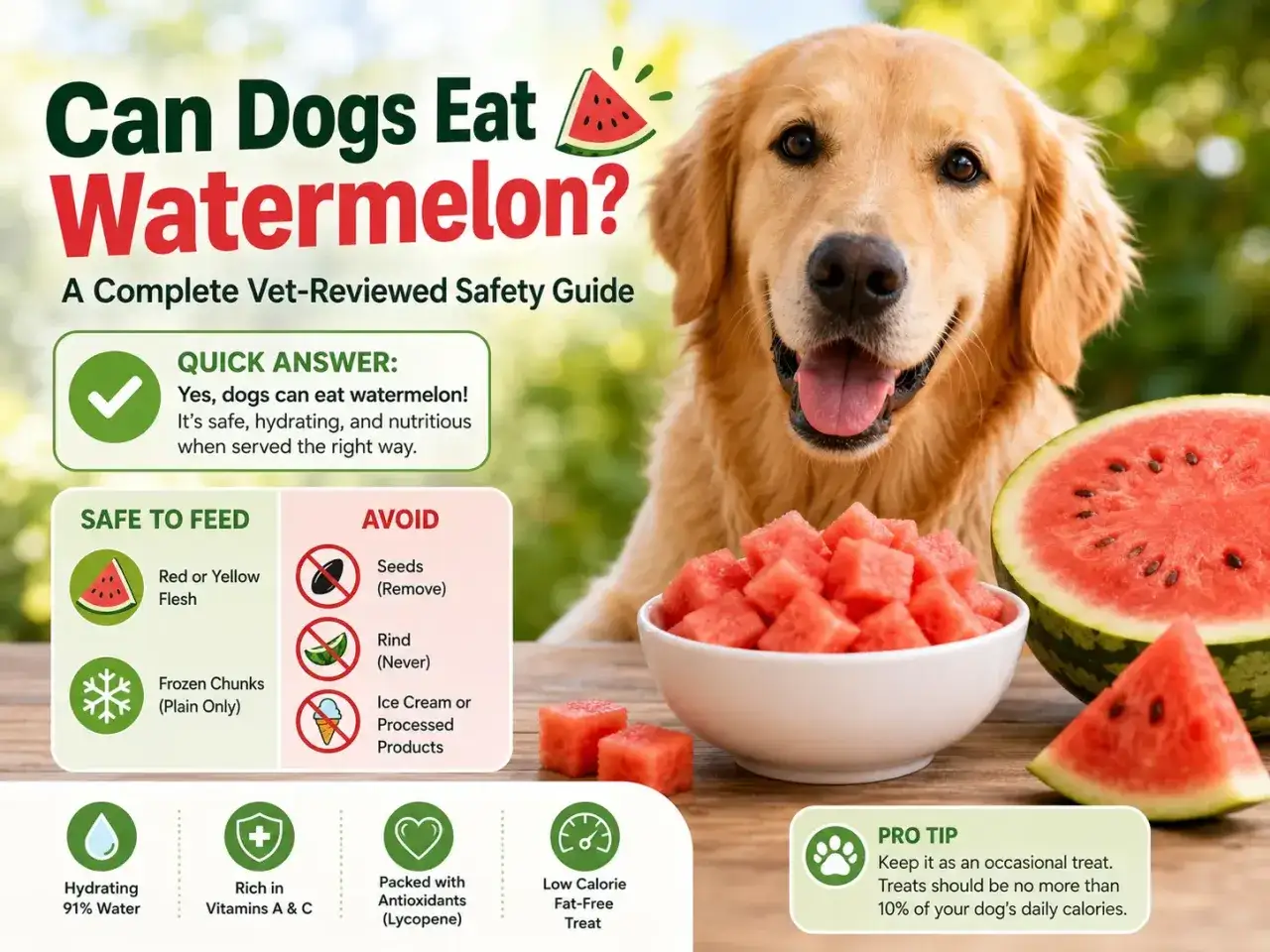 Glad golden retriever njuter av en skål med tärnad vattenmelon. Bilden visar att hundar kan äta vattenmelon, men undvika kärnor och skal.