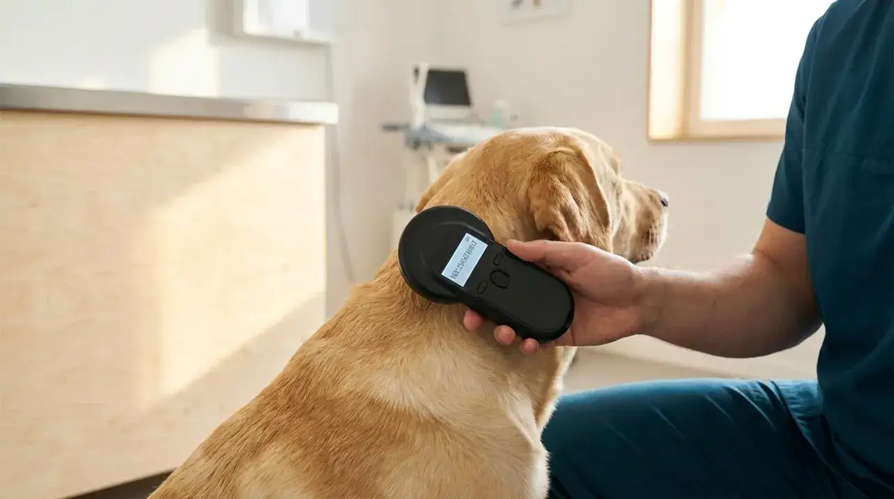 Veterin&auml;r skannar chipnummer hund. En gul labrador sitter lugnt medan en hand h&aring;ller en chipavl&auml;sare mot dess nacke.