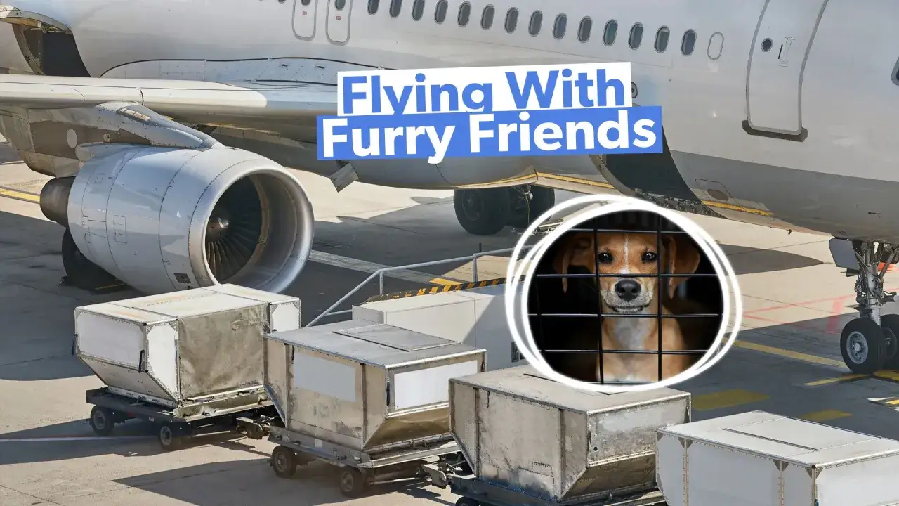 En hund i bur väntar på att få flyga med i lastutrymmet bredvid ett flygplan.