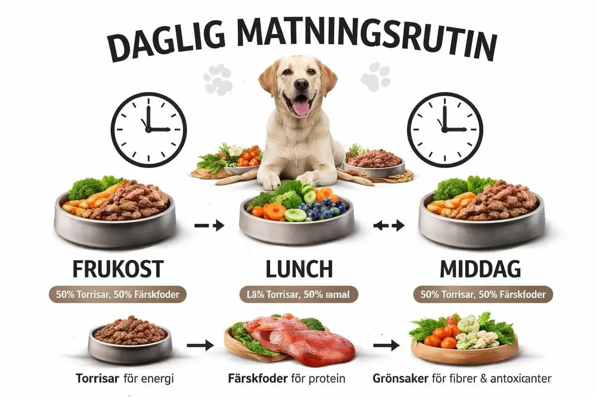 En glad hund visar dagliga matningstider: frukost, lunch och middag. Bilden f&ouml;rklarar vilka tider ska hunden ha mat och vad den ska &auml;ta.