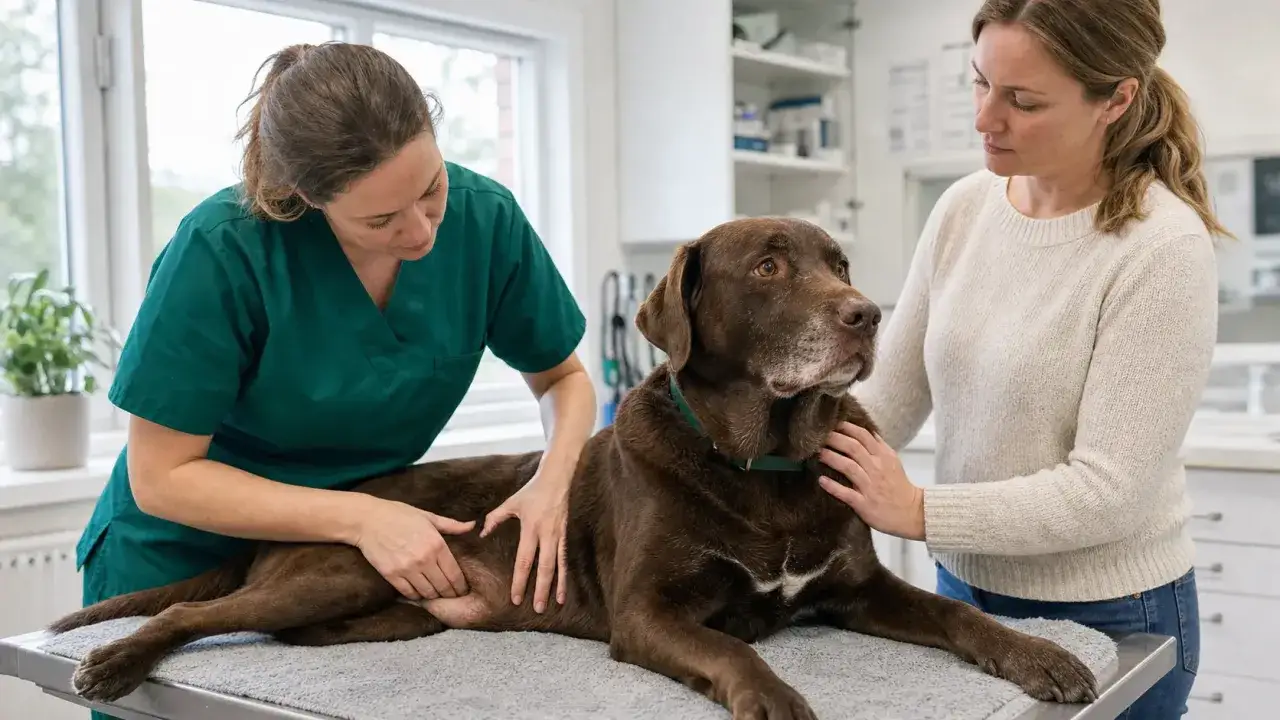 Veterin&auml;r unders&ouml;ker en brun labrador som ligger p&aring; ett bord. Hunden kan ha magomvridning.