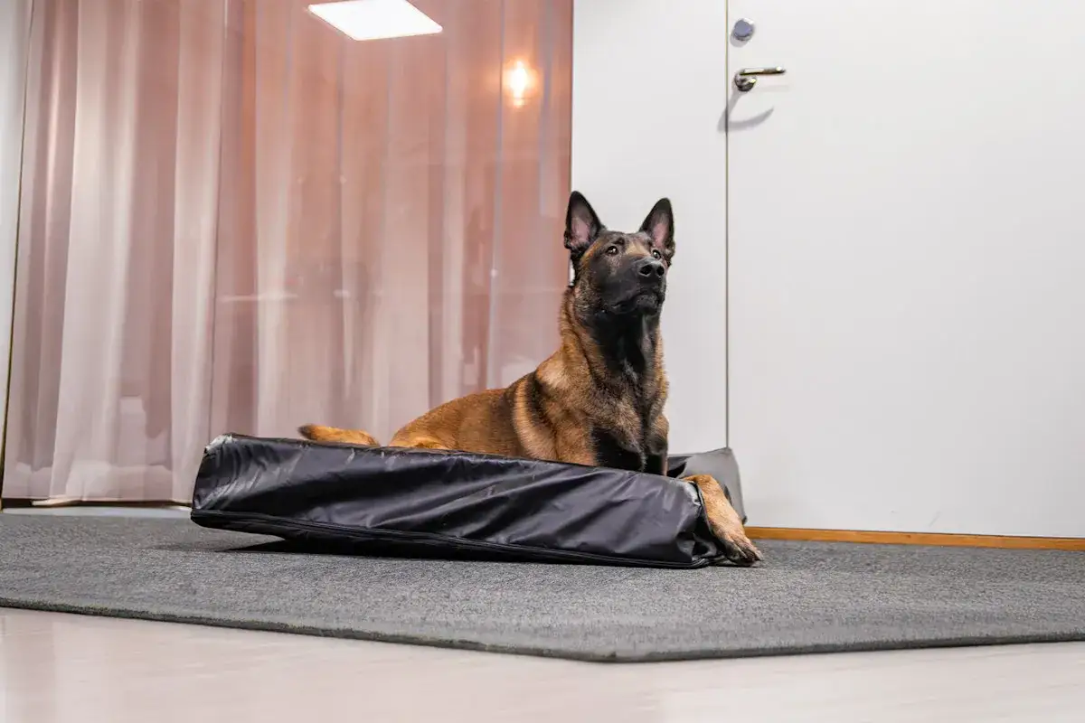 En vaktig malinois ligger på en svart dyna. Hur mycket sover en hund? Denna hund verkar redo för vad som helst.