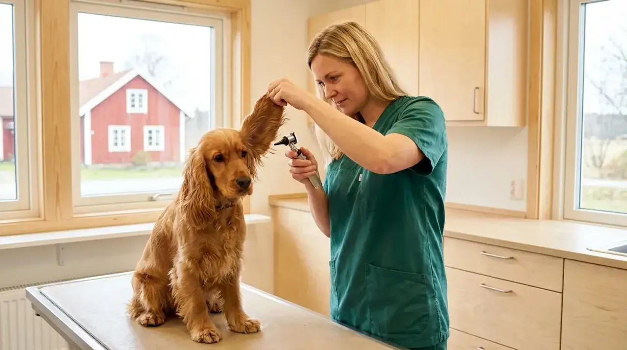 En veterinär undersöker en hunds öra. Hunden ser ut att vilja skaka på huvudet.
