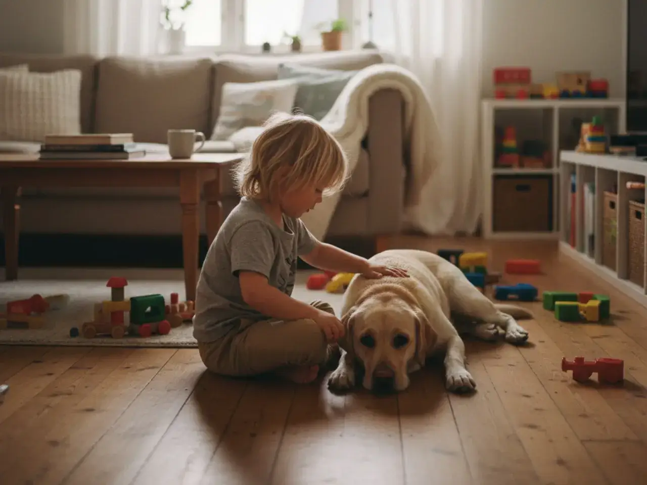 Ett barn klappar sin hund p&aring; golvet bland leksaker.