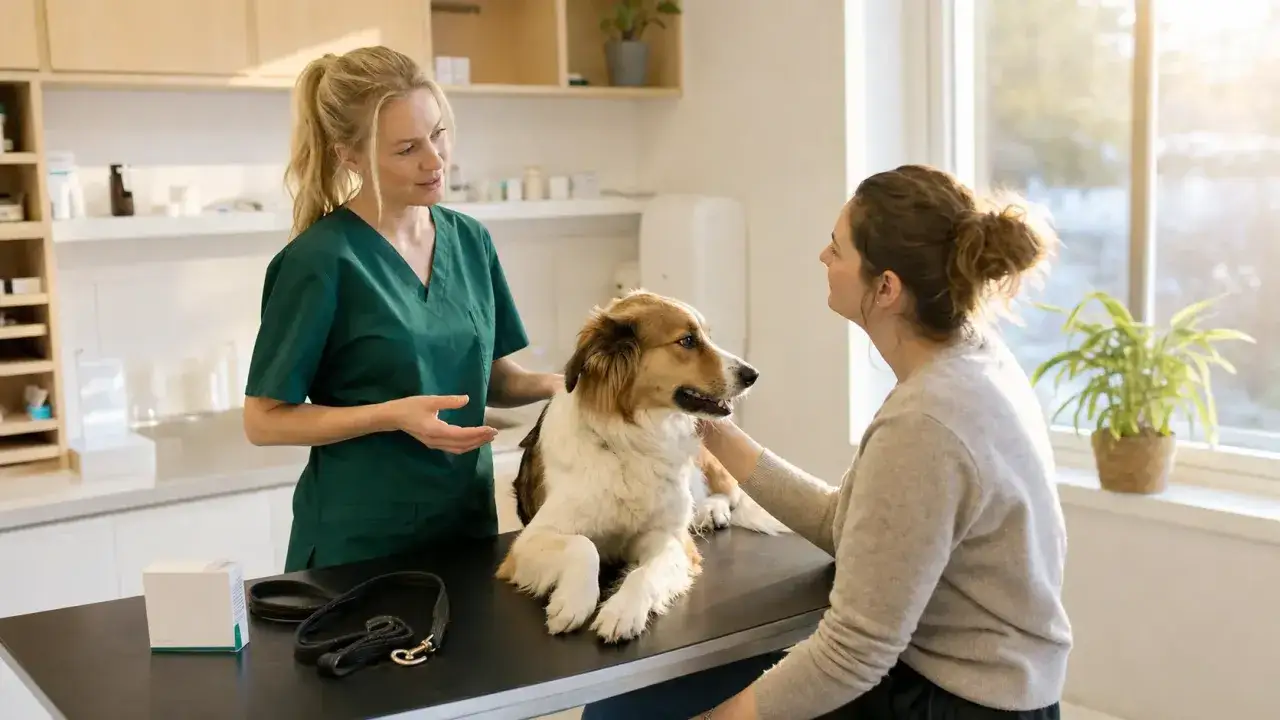 Veterin&auml;r diskuterar med hund&auml;gare hur ofta avmaska hund. Hunden ligger p&aring; unders&ouml;kningsbordet.