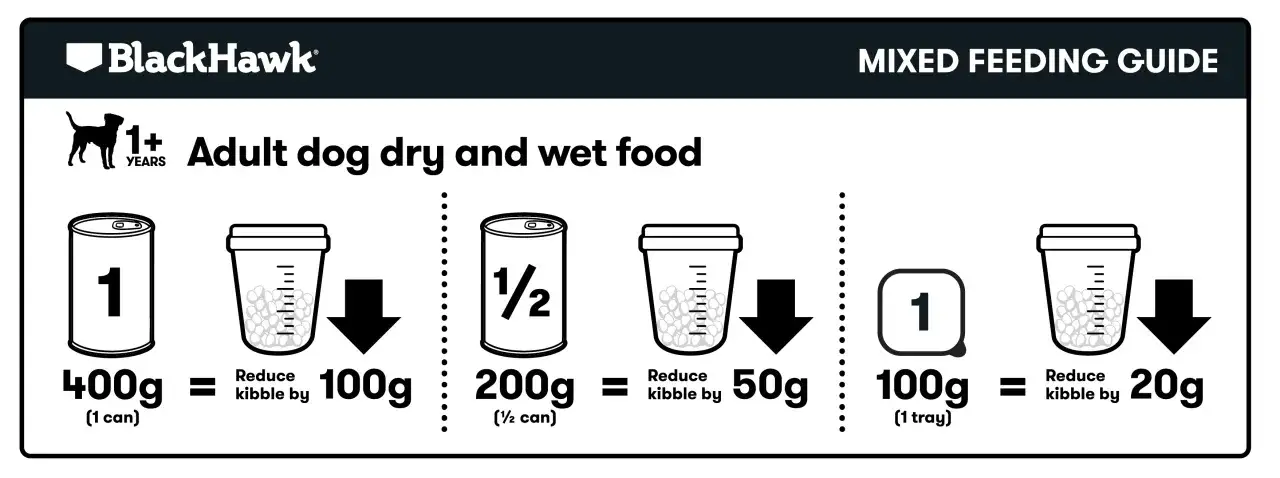 Blandfoderguide för vuxna hundar. Visar hur du minskar torrfoder vid blandning med våtfoder, för en ren naturlig hund dosering.