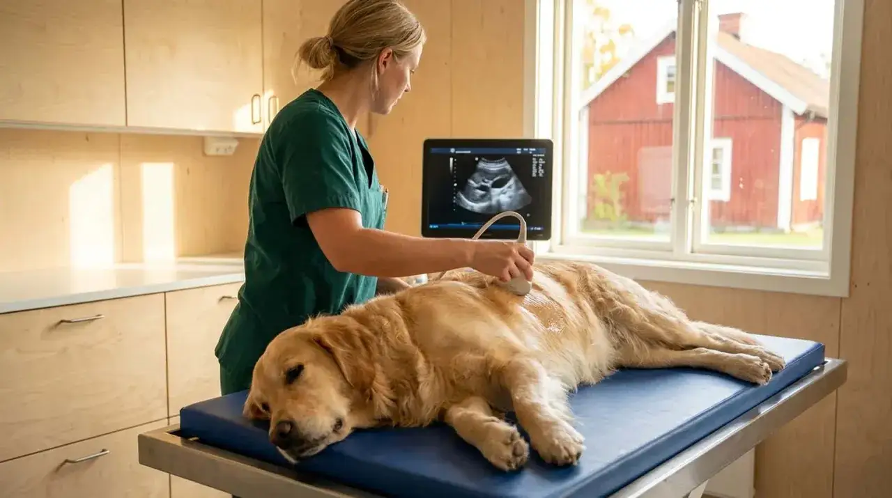 Veterin&auml;r unders&ouml;ker en hund med ultraljud. Hunden hostar och beh&ouml;ver hj&auml;lp.