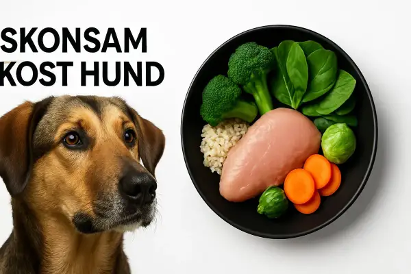 En hund tittar nyfiket på en skål med skonsam kost: kyckling, ris, broccoli, spenat och morötter.