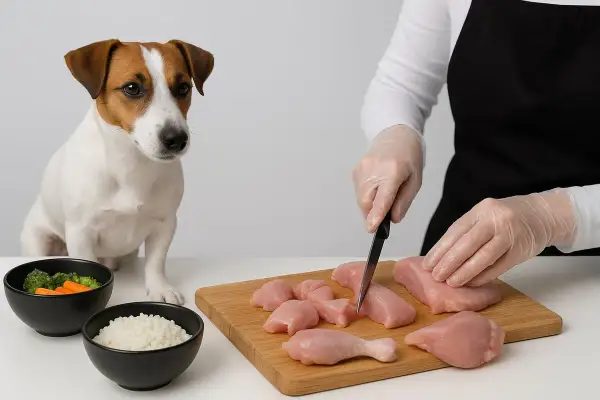En Jack Russell terrier tittar på när kyckling skärs upp för att koka kyckling till hund. Bredvid finns skålar med ris och grönsaker.