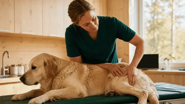 Veterinär undersöker en golden retriever. Gabapentin hund kan hjälpa vid smärta.