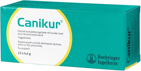 Canikur-förpackning med tuggtabletter för hundar med akut diarré. Innehåller druvsocker.