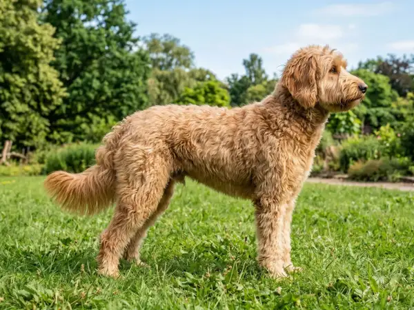 En vuxen labradoodle mini står stolt i en grönskande trädgård.